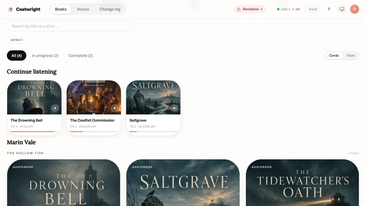 Castwright — turn a book into a full-cast audiobook, cast and rendered on your own machine attachment