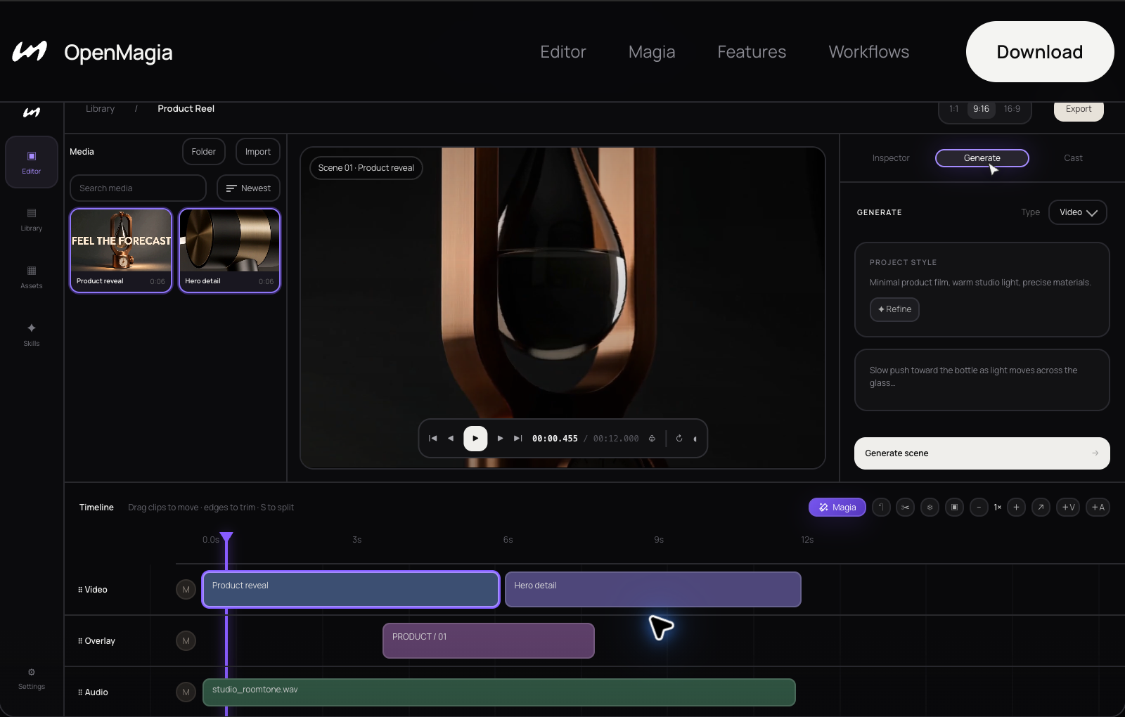 OpenMagia editor with media library, generation controls, and timeline